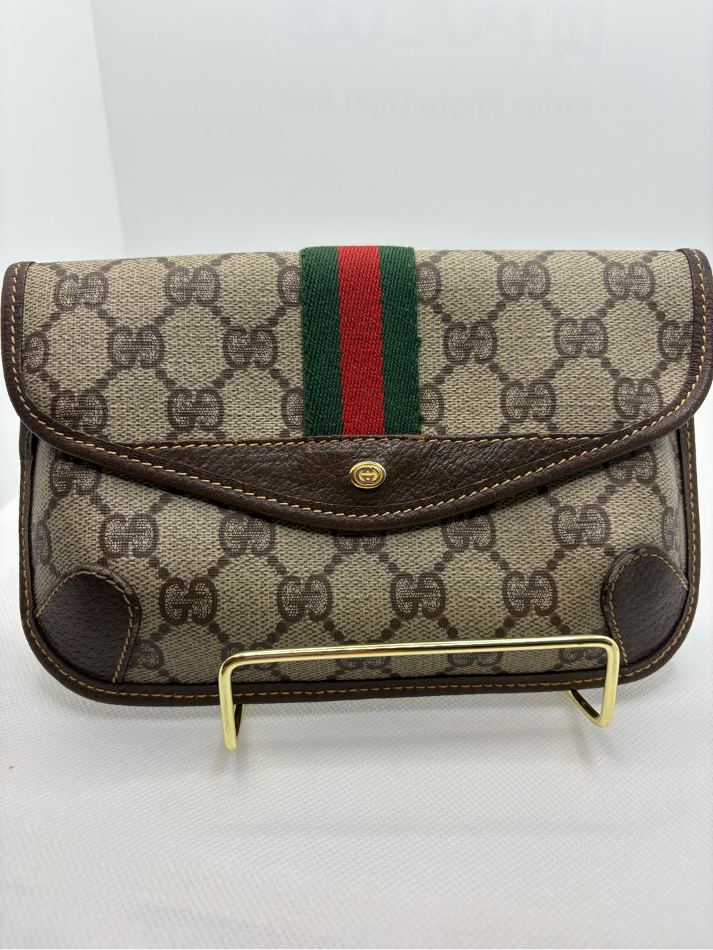 Gucci Beige/Brown Gg Canvas Clutch With Green & Red Web Stripe